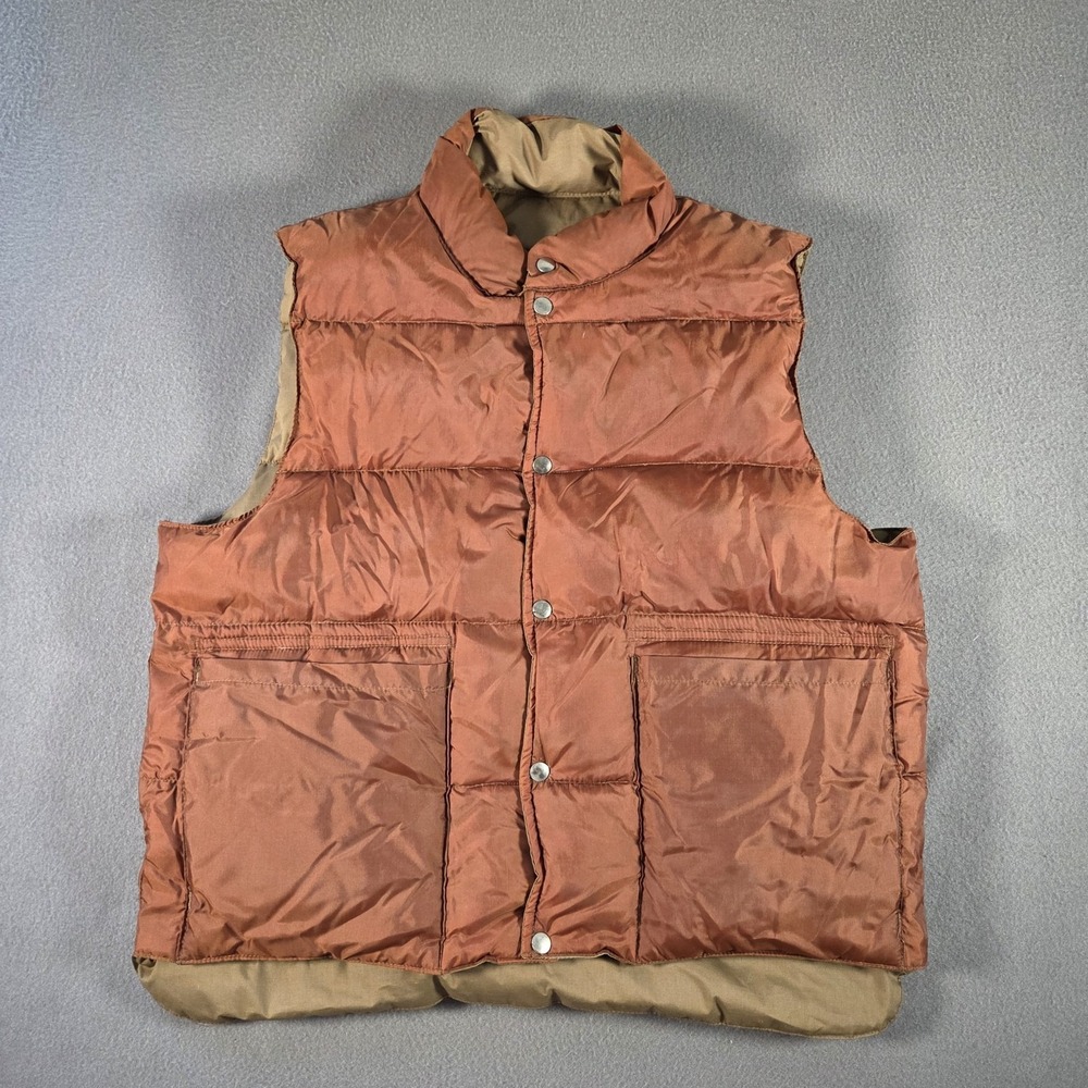 Vintage JCPenney Jacket Mens XL Puffer Vest Orange Beige Reversible Down Ski